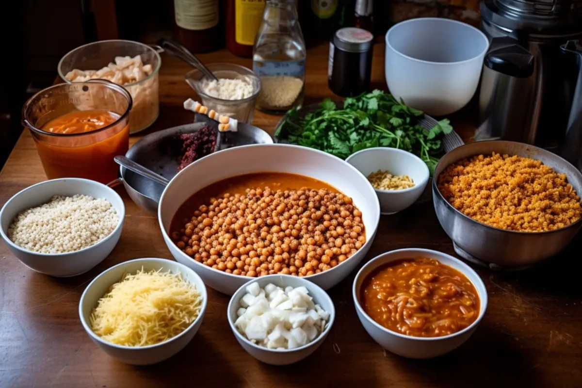 Authentic Koshari Dish with Crispy Onions and Tomato Sauce
