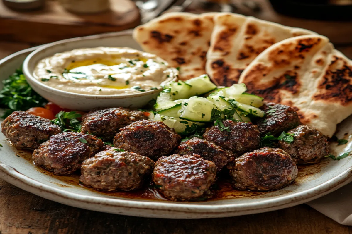 Golden brown Beef Kofta Bake with roasted vegetables in a rustic dish