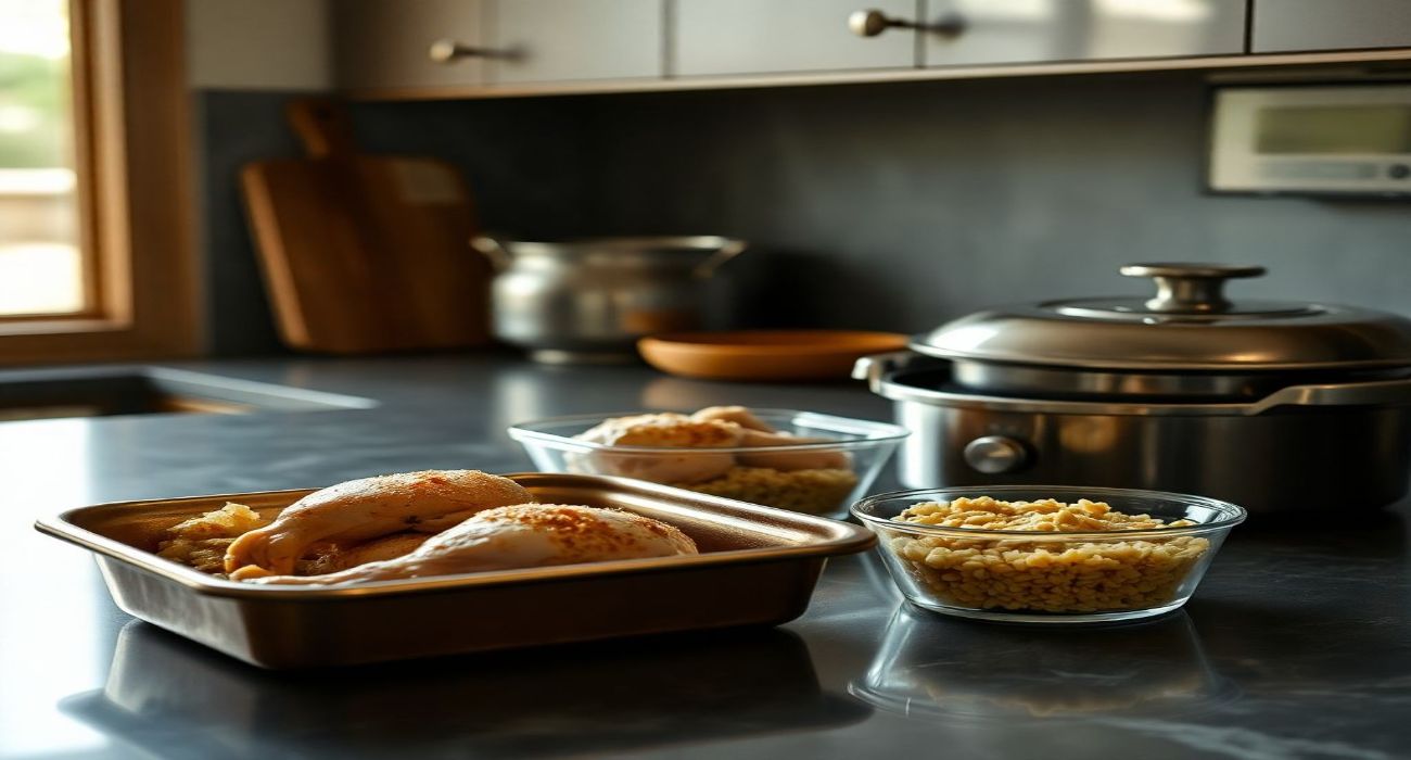Cast bronze surface dramatic cinematic style. Modern kitchen chicken and orzo stored reheating labeled containers wooden spoon minimalist countertop. Film like composition antique patina finish 1 1 1