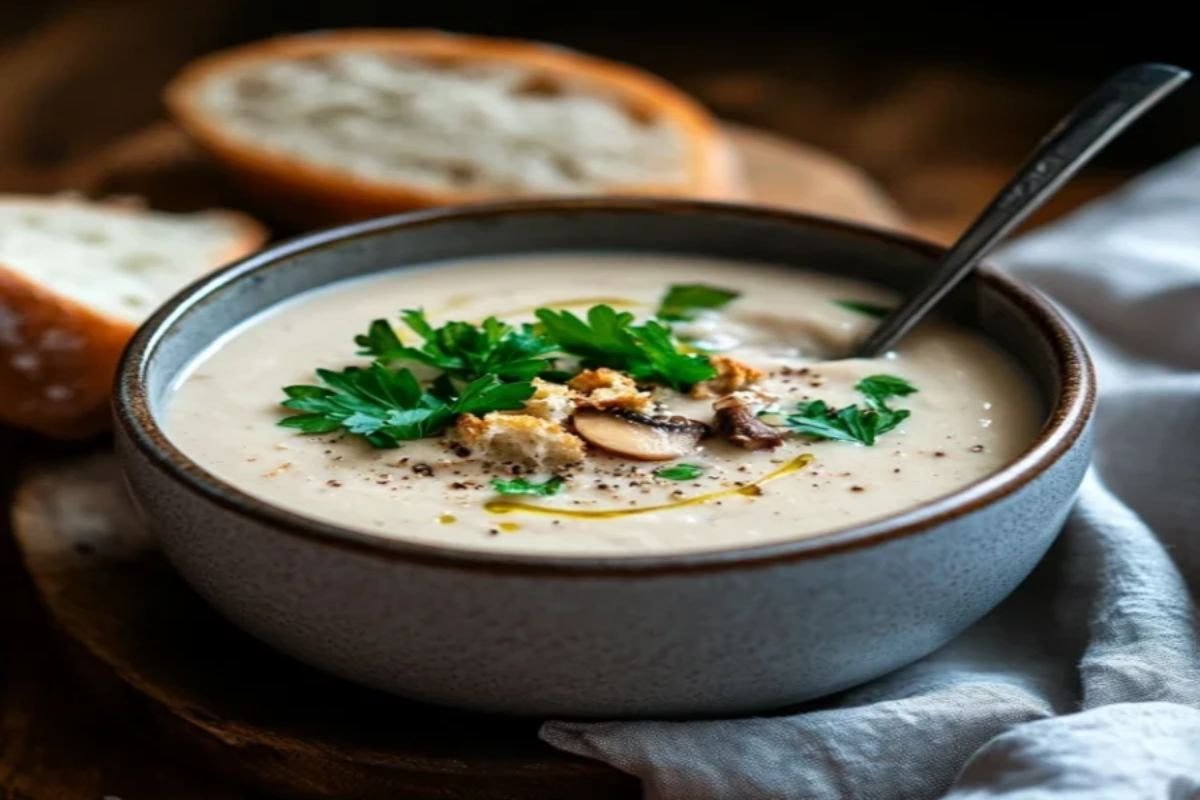 Gourmet Cream of Mushroom Soup with Herbs and Crunchy Toppings
