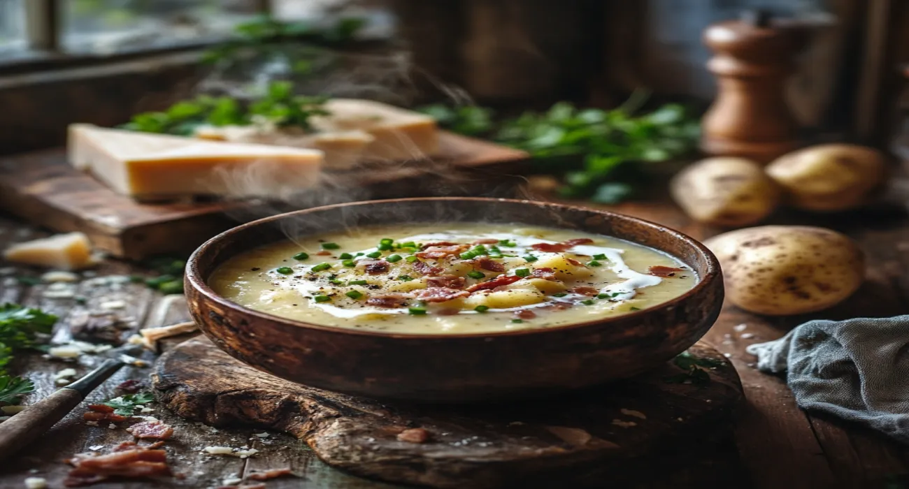 u3329713737 A steaming bowl of cheesy potato soup in a rustic cfa054a3 8bc7 4541 a6cb 4d2165bb041a 1