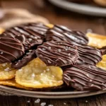 A plate of chocolate covered potato chips with sea salt sprinkles