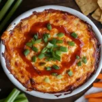 Creamy cottage cheese buffalo chicken dip with veggies and chips.