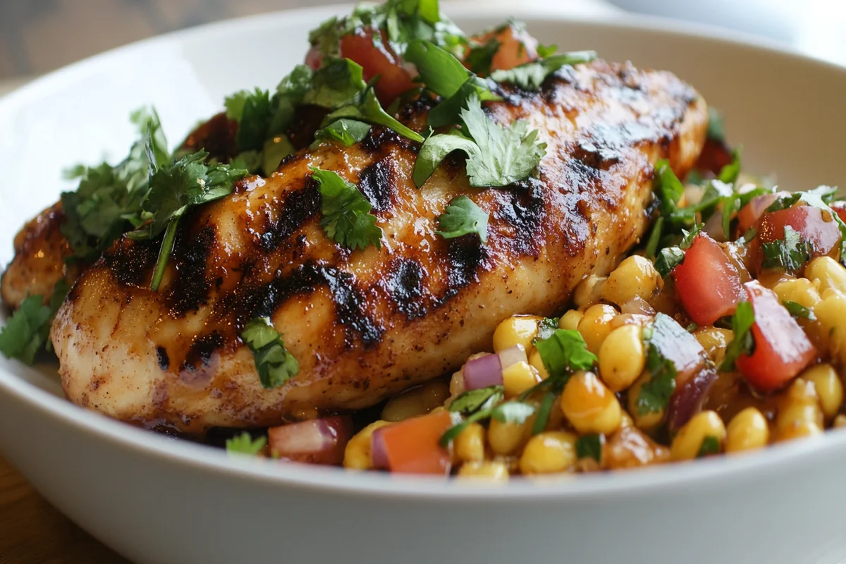 A plate of Chipotle Honey Chicken with honey glaze and fresh herbs.