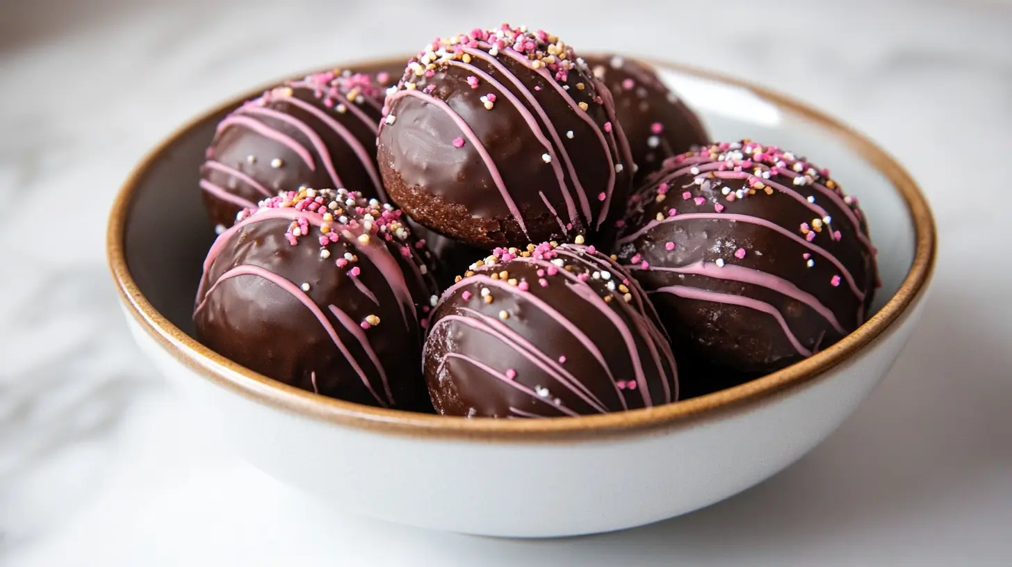 Freshly fried donut balls covered in powdered sugar.