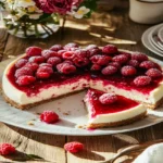 Pink velvet raspberry cheesecake topped with fresh raspberries and glossy raspberry jam